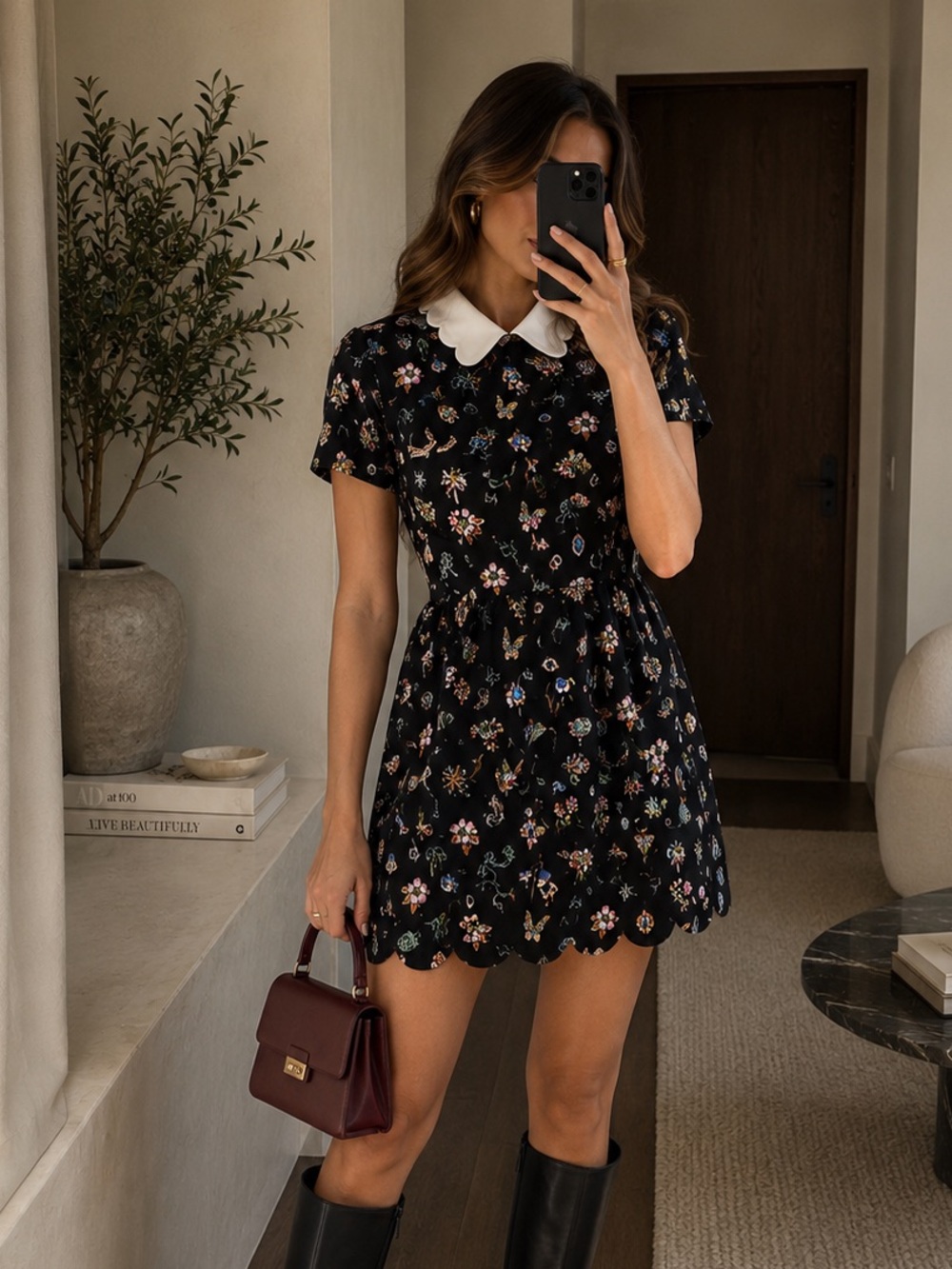 Anthropologie Black Floral Scallop-Hem Dress with White Peter Pan Collar